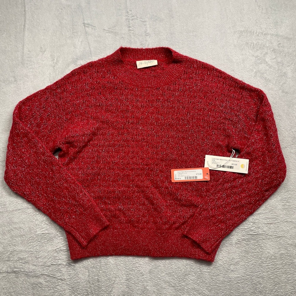 78&SUNNY Lurex Open Weave Crewneck Women S Cabernet Red Metallic Sweater